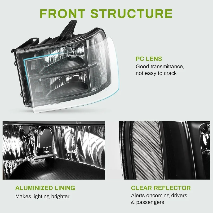 مجموعة المصابيح الأمامية متوافقة مع 2007-2013 جي إم سي سييرا 1500/2007-2014 سييرا 2500HD 3500HD عدسة شفافة للإسكان الأسود (السائق و