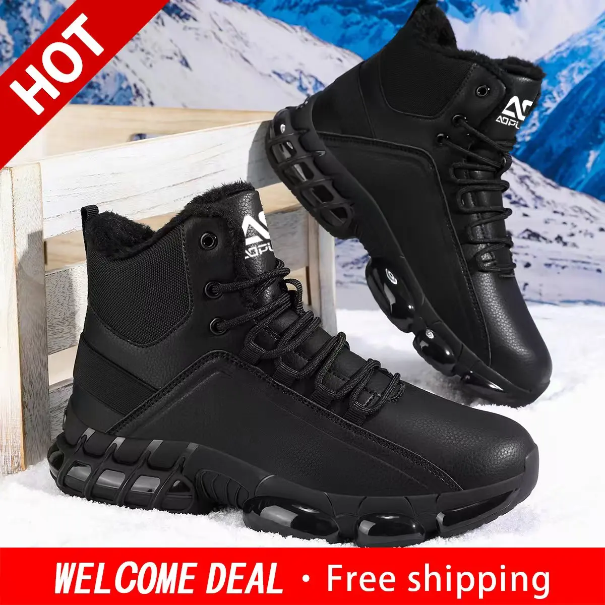 Men Winter High‑Top Fleece‑Lined Snow Boots Warm Casual Sneakers Non‑Slip Outsole for Hiking Outdoor Snow‑Day Activities