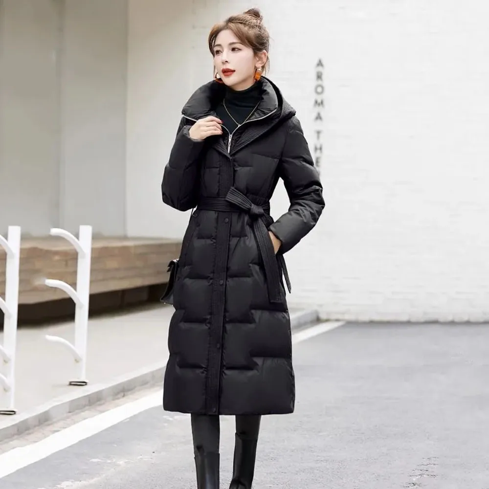 2024 Off-season Explosions Fashion High-end Temperament In The Long Leisure Over-the-knee Belt White Duck Down Warm Coat Women