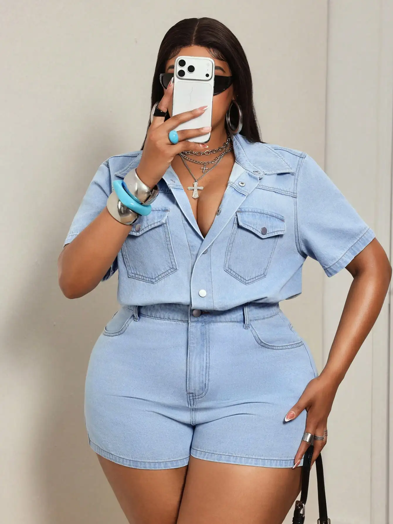 Slaydiva Plus Size Women's Utility Jumpsuit Summer High-End Slimming Design Niche High Waist Shorts