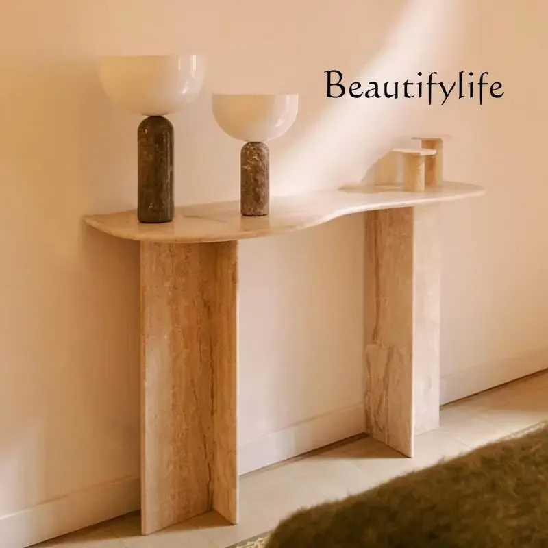 

Cream style marble entrance table facing the door, light luxury, high-end sense, against the wall, simple home use