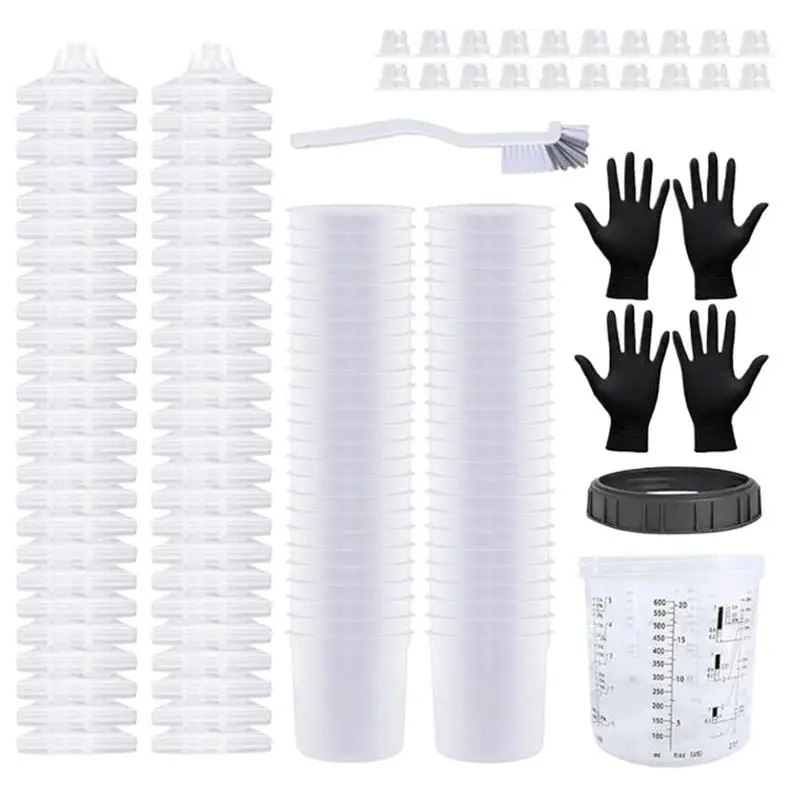 Paint Sprayer Mixing Cup Paint Sprayer Accessories Include 50 Cup Liners 50 Lids 1 Hard Cup 20 Plugs 1 Pair Gloves 1 Brush