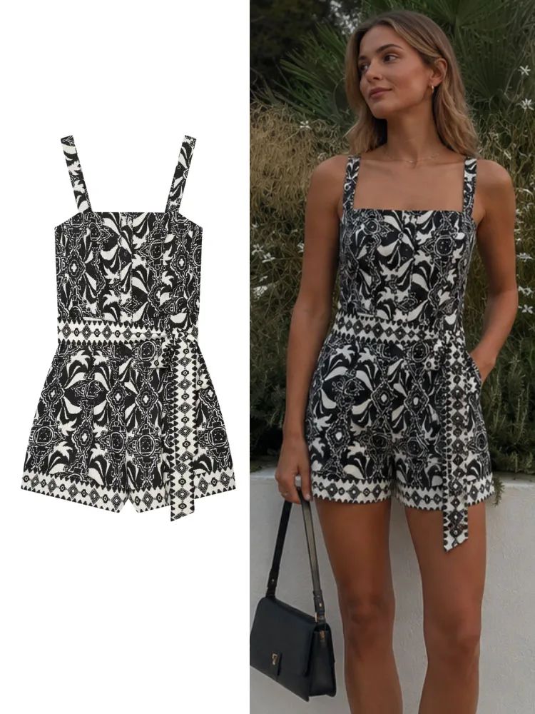 HH Women Spring Summer Casual Black White Geometric Print Sleeveless Cami Romper Square Neck Belted Waist For Beach Vacation