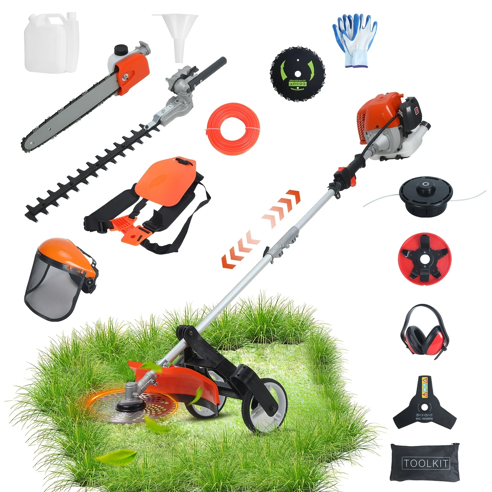 8-in-1 Multi-functional Gas Weed Eater, 52cc 2-Stroke String Trimmer, Hedge Trimmer Pole Saw Brush Cutter with Multiple Blades for Yard Garden Lawn Shrub Branch Grass Cutting