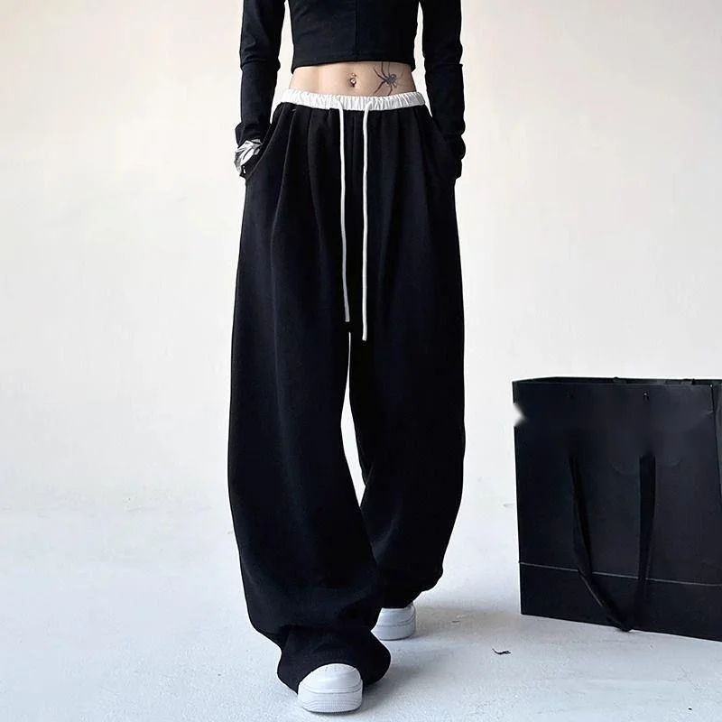 

Casual Sports Pants Women Loose Wide Leg Sweatpants Black Grey American Style Drawstring Baggy Trouser Clothing Trendy