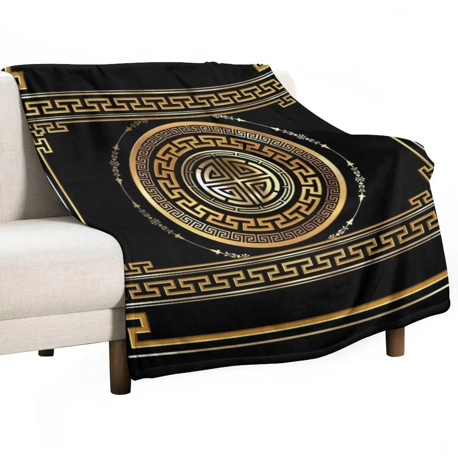 

Greek Key Meander Black Gold Large Throw Blanket blankets ands Camping Blankets