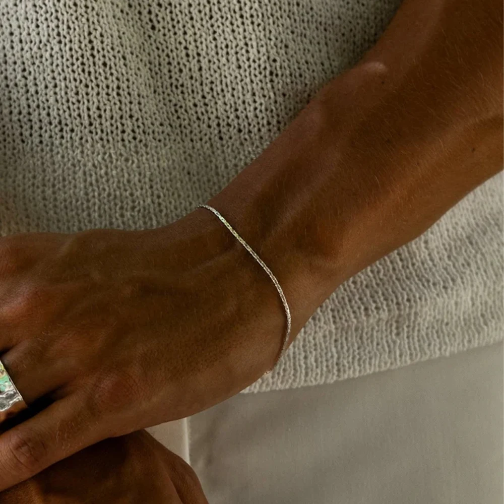 eManco 1.3MM Hammered Wire Chain White Gold  Bracelet Simple Men\'s No Color Loss Waterproof Hand Jewelry