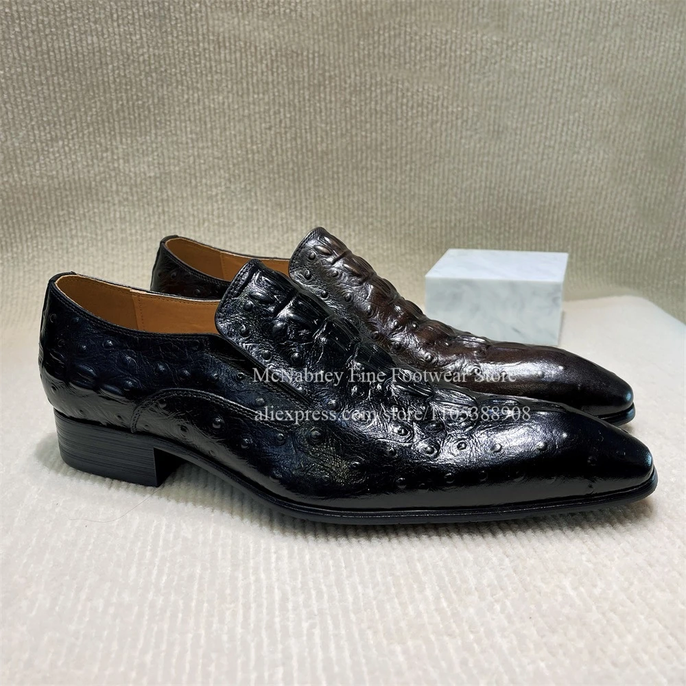 Ostrich Pattern Leather Slip on Pointed Toe Loafers Men Block Heel Dress Shoes Handmade Casual Wedding Business Formal Shoes