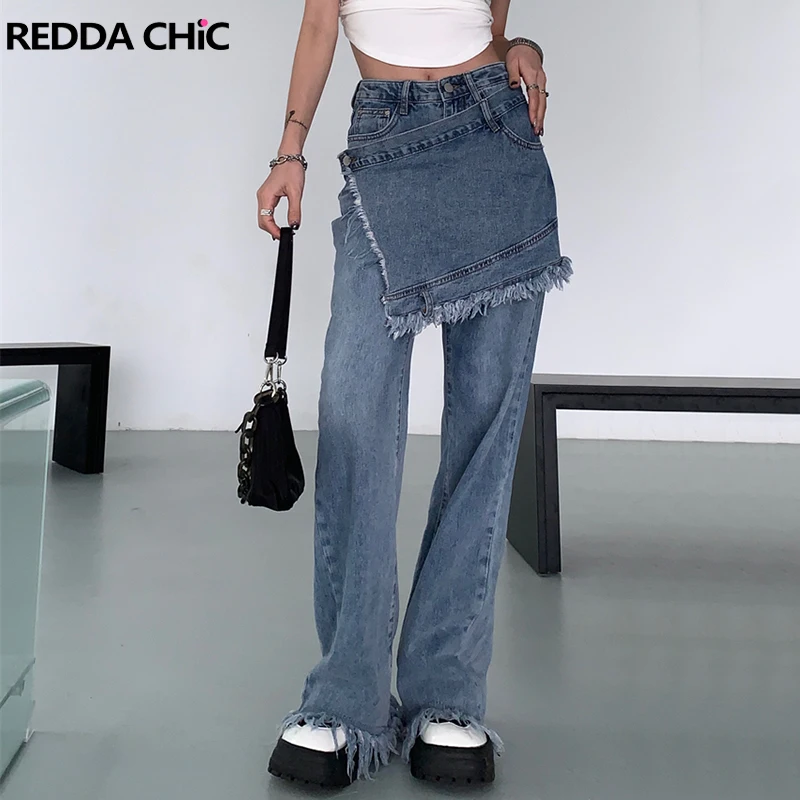 REDDACHiC Wrap Around Raw Edge Y2k Baggy Jeans Women Frayed Casual Wide Leg Pants High Waist Trousers Harajuku Korean Streetwear