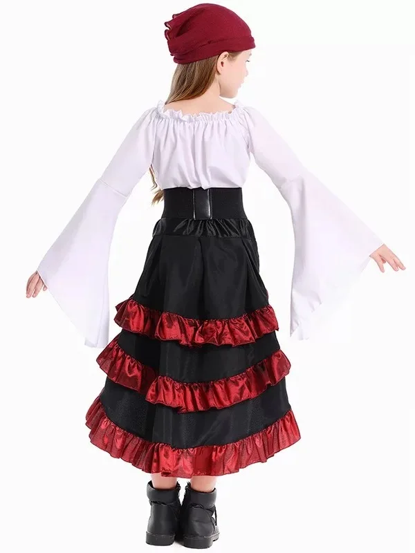 loween Costume da regina pirata medievale Gilet irregolare Gonna lunga Abito cosplay per bambini adulti Fibra di poliestere