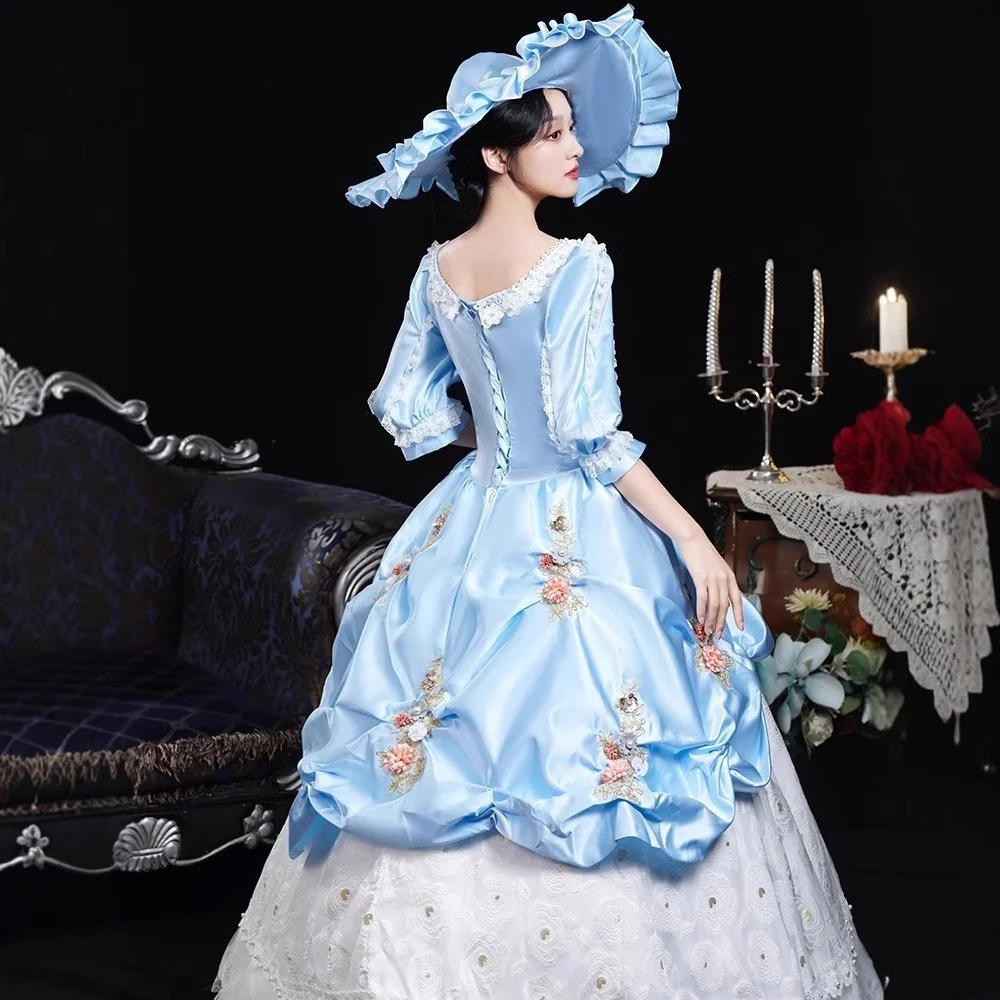 فستان المحكمة الأوروبية الزرقاء الراقية الرجعية صور المنصة أداء الدراما زي Vestidos Luxo Para Festa رداء Cérémonie فام