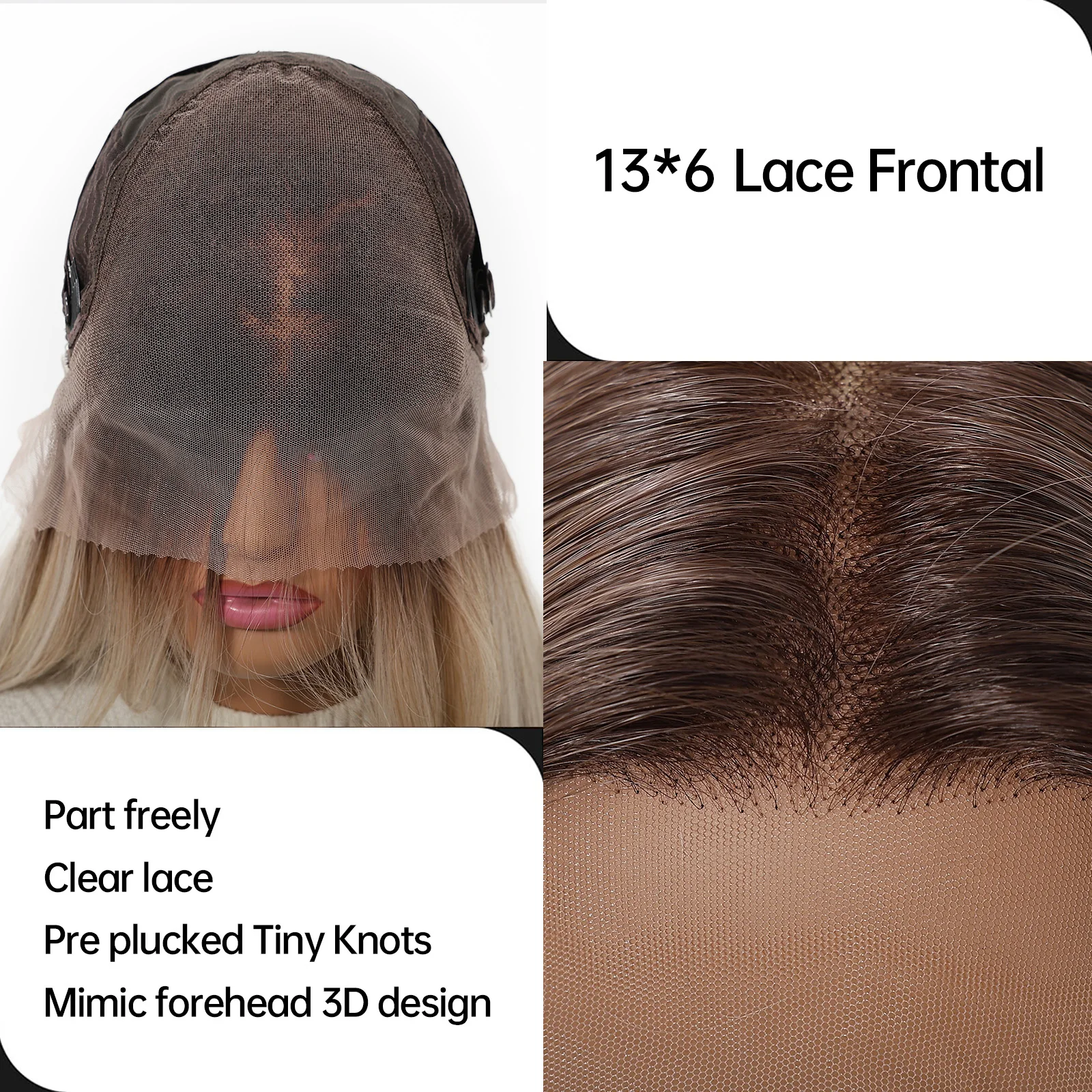 วิกผมสังเคราะห์แบบตรงสีน้ำตาลอมบลอนด์ไล่เฉดสี สำหรับผู้หญิง ยาว 22 นิ้ว วิกผมทรงเลเยอร์ธรรมชาติ พร้อมโคนผมสีเข้ม  ฐานลูกไม้ 13*6