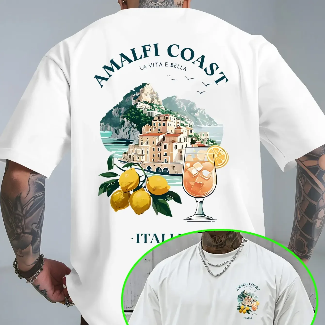 Men's Italian Amalfi Coast Pattern T-shirt 100% Cotton Summer Vacation T-shirt Breathable Casual Short-Sleeve Top