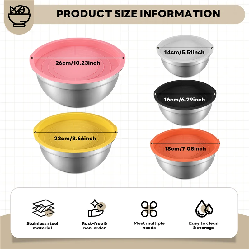 MAKE-ミキシングボウル 蓋付き 5個セット ステンレススチール ネストサラダボウルセット 調理、ミキシング、サービング用