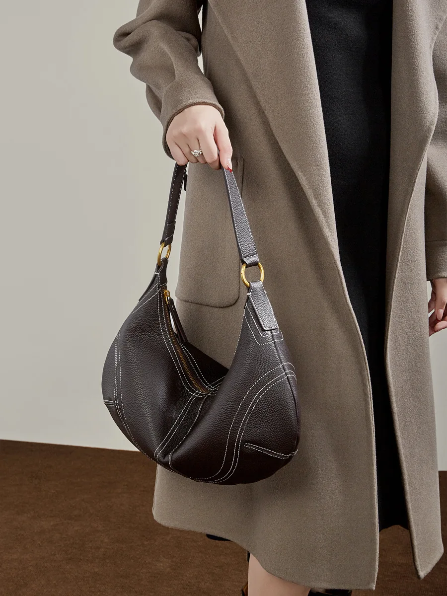 

Niche First-Layer Cowhide Underarm Bag, Commuter Casual Lazy Style Dumpling Bag, Hand-Held Crossbody Bag