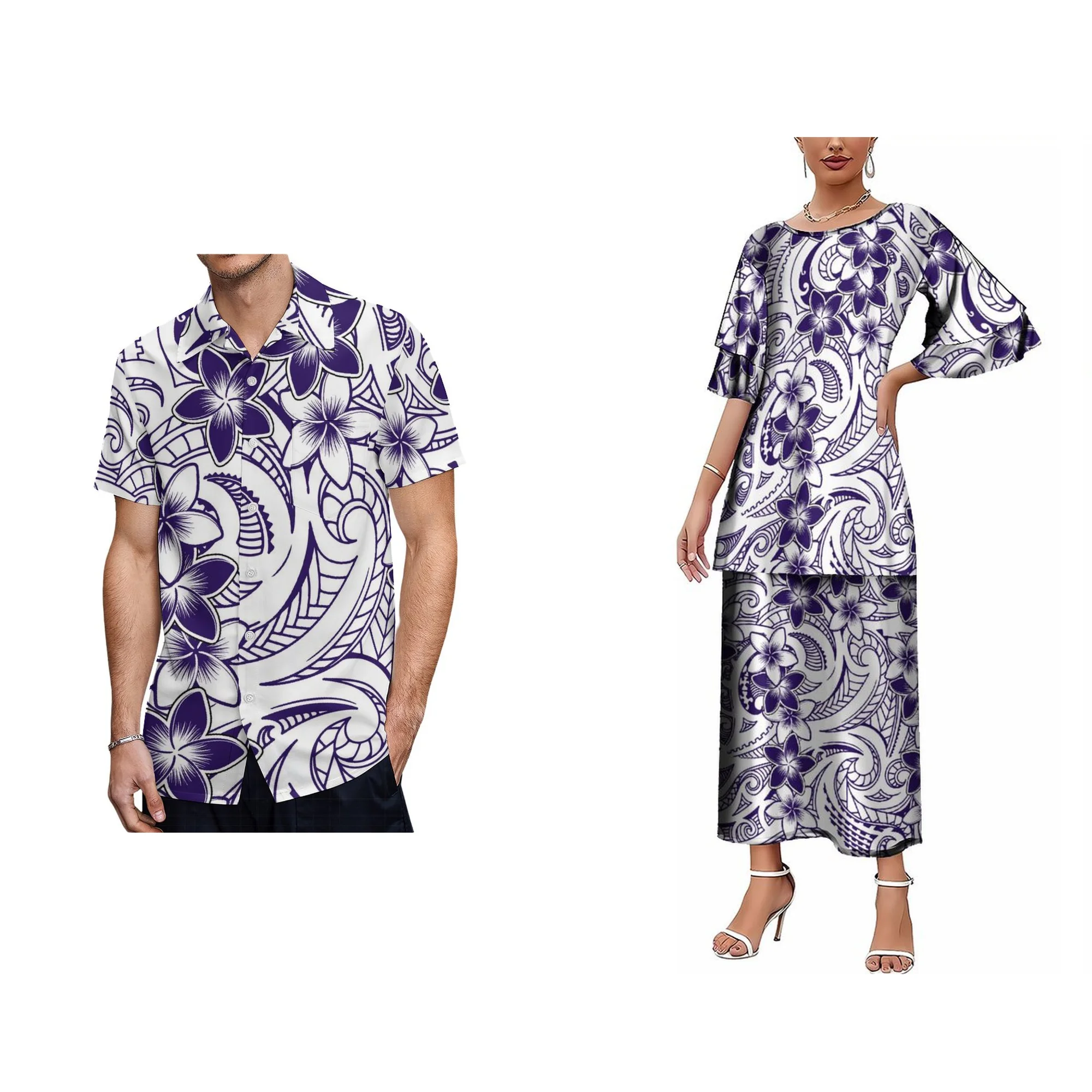 

Women Top And Long Skirts Two Piece Set 7XL Wholesale Custom Polynesian Tribal Printed Samoan Tongan Puletasi Set Dress