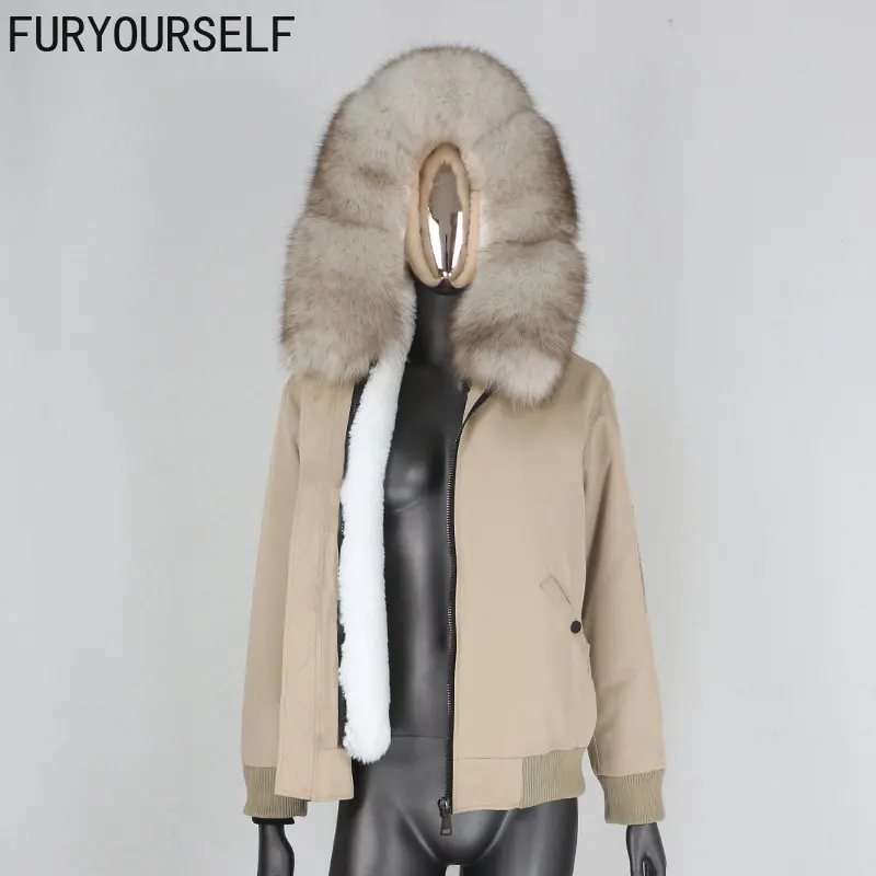 

FURYOURSELF 2023 Women Waterproof Bomber Parka Real Fur Coat Winter Jacket Women Natural Fox Fur Collar Hood Warm Outerwear Warm