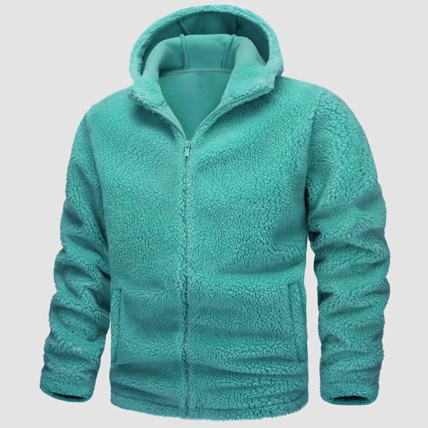 

Autumn Men Fleece Solid Jackets Cardigan Zipper Coat Hooded Jacket Loose Fit Pockets Casual Spliced Slight Strech Outerwear