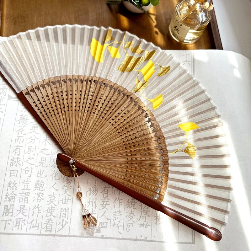 Chiffon Gold Foil Folding Fan with Ginkgo Leaf Pattern Coffee Yellow for Hanfu Robe Photography Daily Fan Gift Home Office Set