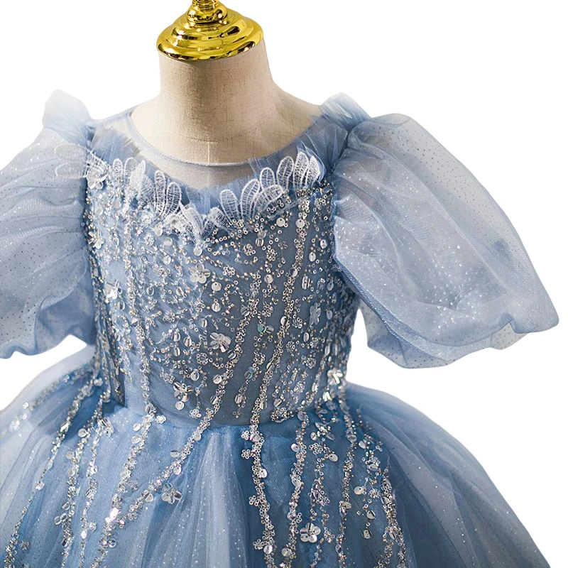 Robe de mariée princesse en tulle bleu perlé pour enfants, robe de performance de reconstitution historique, anniversaire élégant, carnaval, filles de 2 à 12 ans