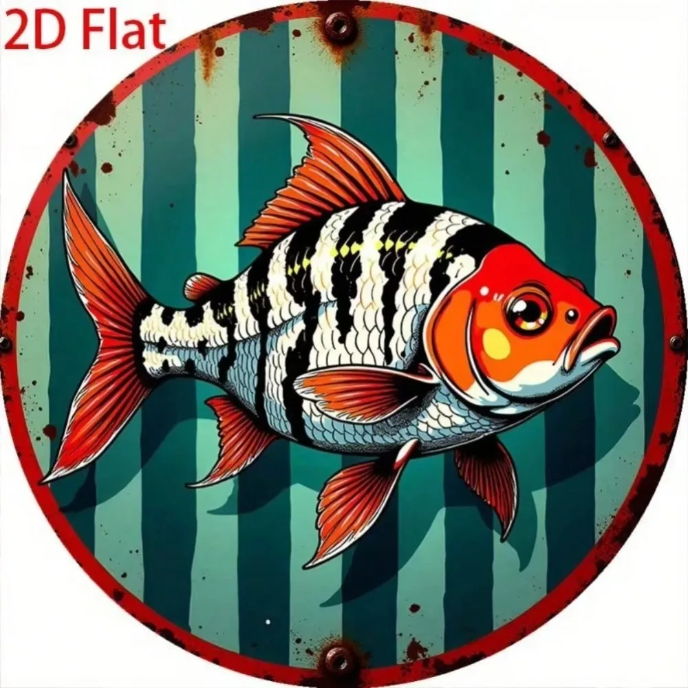 Vintage 2D Flat Fish Decor Green Blue Stripes Black White Trim - Country Cottage Kitchen Garden Café Decorative Ornament