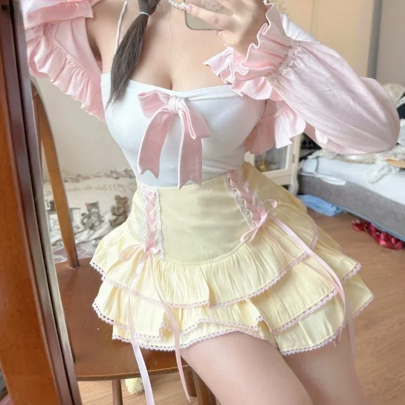 2024 Japanse Stijl Kawaii Lolita Geplooide Rokken School Koreaanse Vrouwen 90S Hoge Taille Roze Bandage Fee Y Y 2K Esthetische Rok