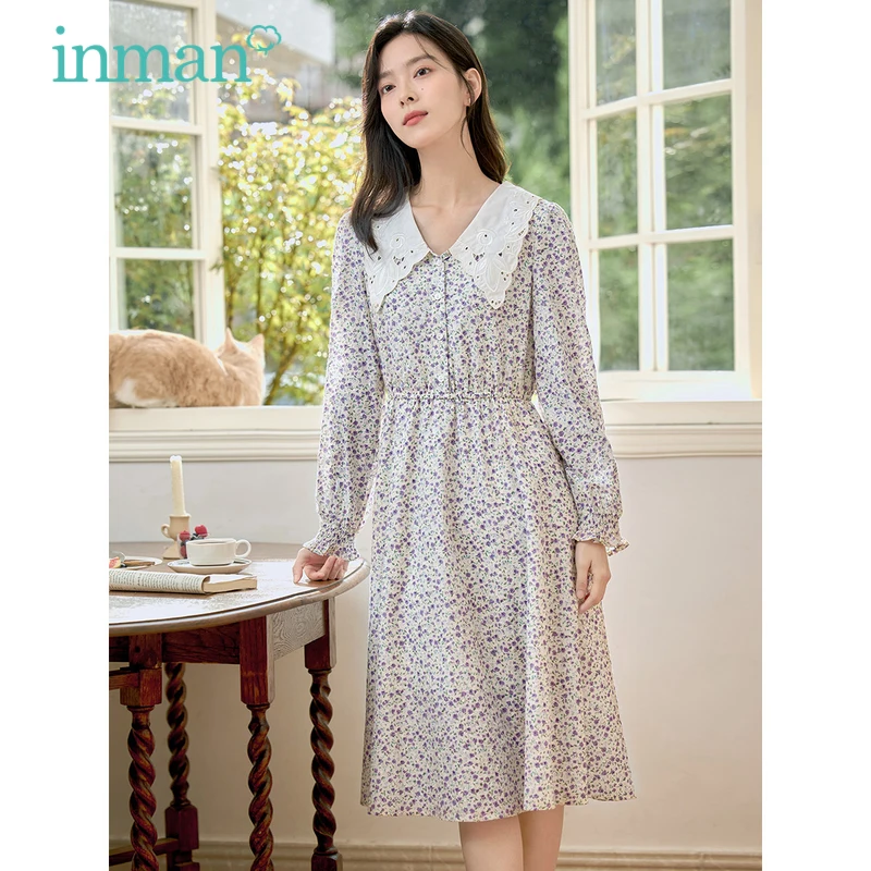 INMAN Women Dress 2023 Spring Long Sleeve Lace Chelsea Collar Elastic Waist A-shaped Full Floral Print Pure Cotton Elegant Skirt