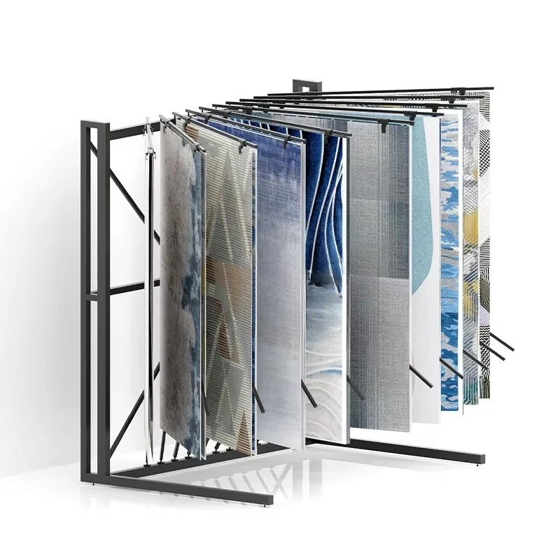 &c Customized Carpet Page Turning Wing Rug Metal Rack Fabric Rubber Blanket Free Stand Tapestry Hanging Display for Showroom