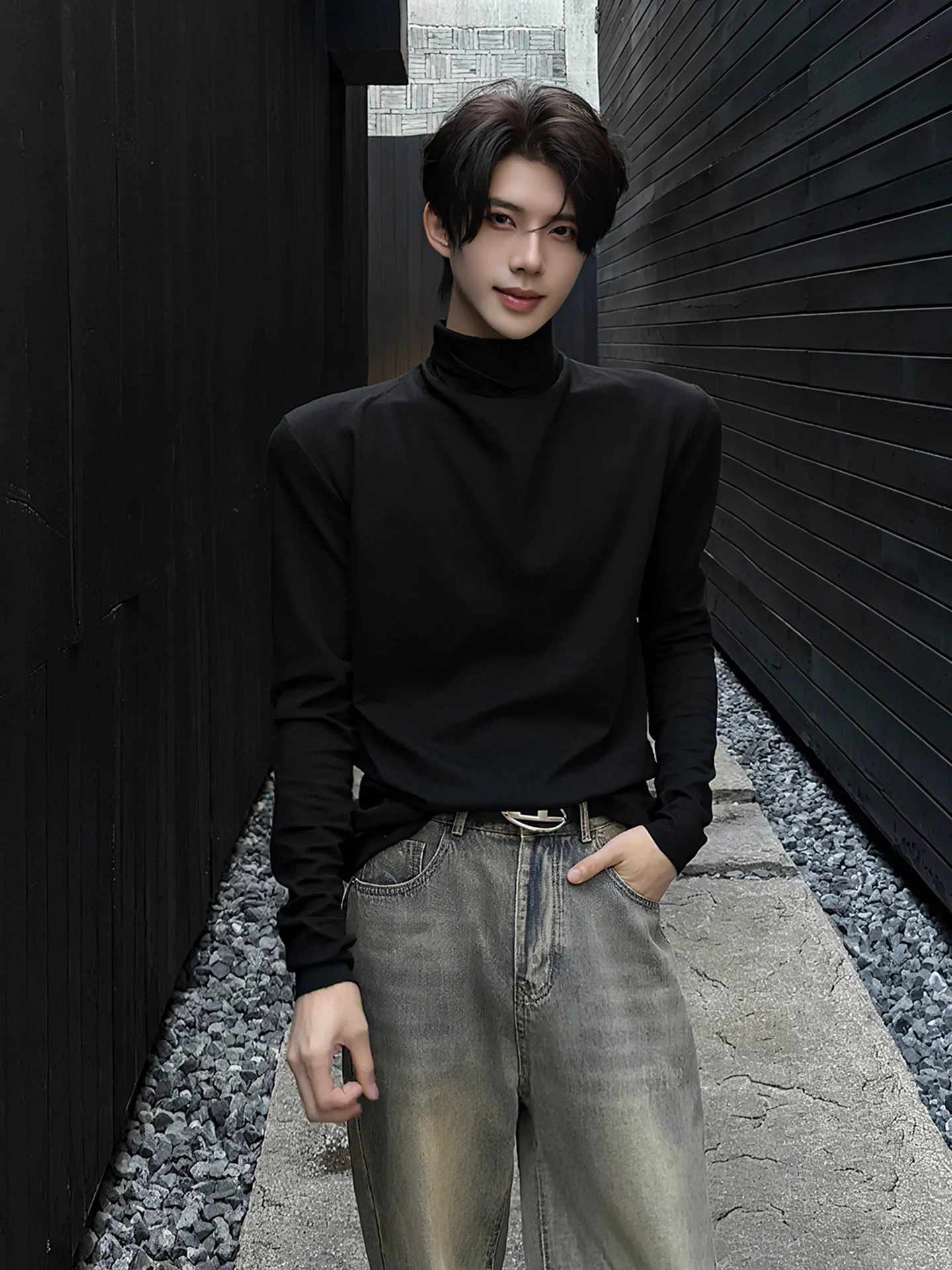 

Men's Bla High Collar Thermal irt Long Sve Polyester Fiber Autumn Winter Faionable Casual Sle Inner Wear T-irt