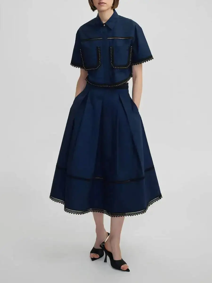 الصلبة قطعتين مجموعات للنساء التلبيب كم قصير بلايز عالية الخصر ألف خط تنورة التخسيس مجموعات الإناث الاسلوب المناسب الكورية KS7Z