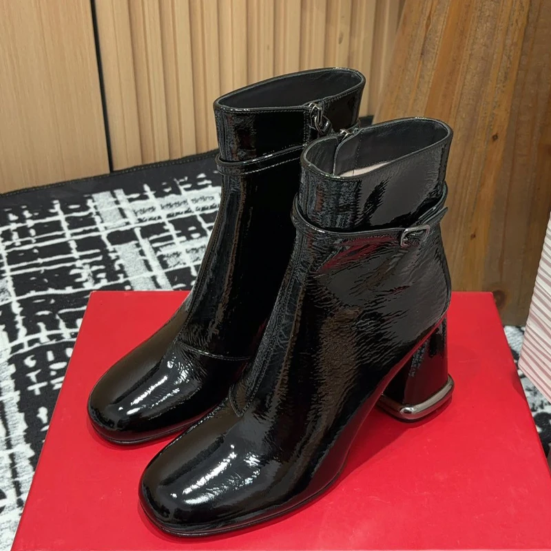 Lacquer Leather Coarse Heel Buckle Strap Short Boots 2024 New Stylish Fashion Designer Exquisite Unique High-heeled Shoe