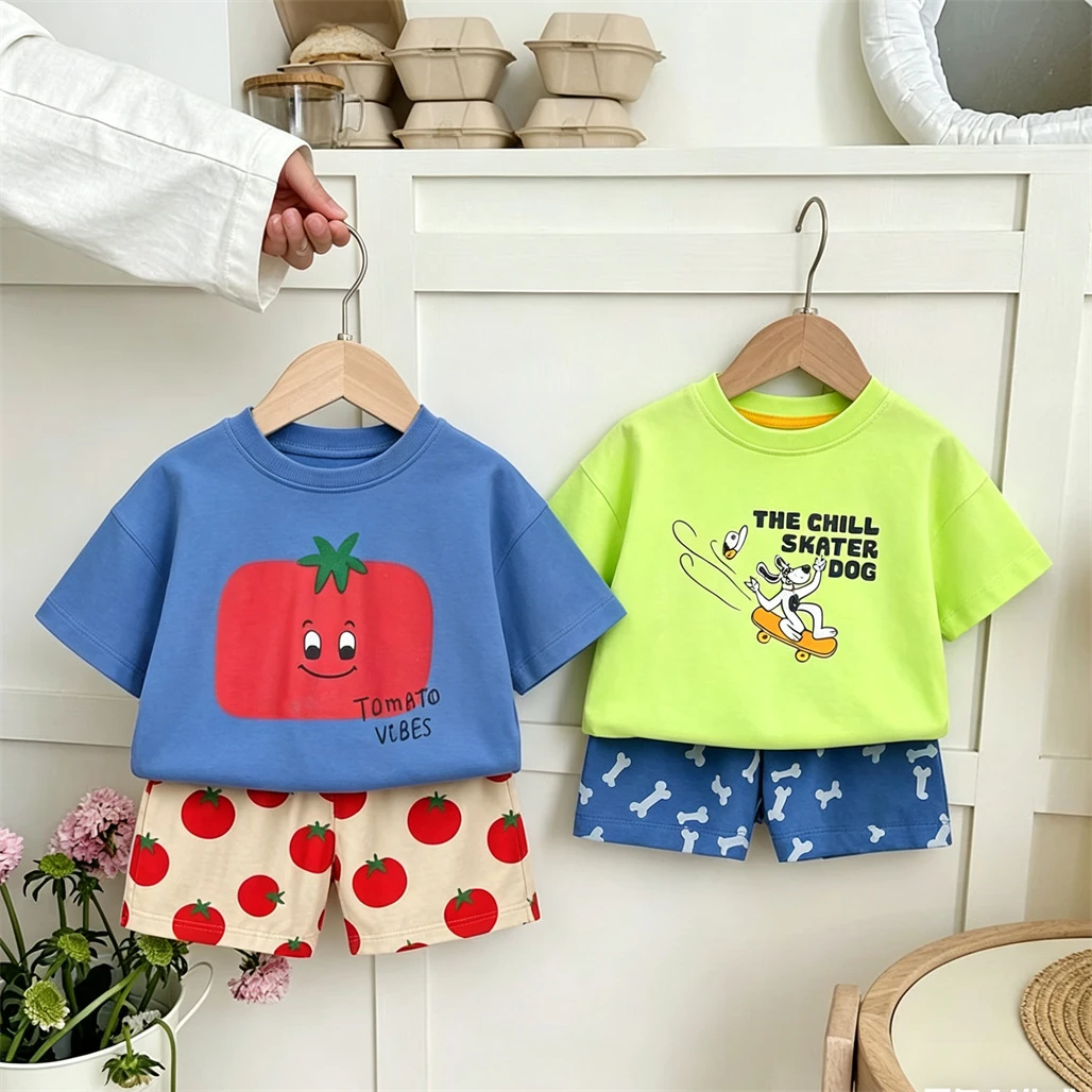 2026 Kids Short Sleeve Tracksuits Simple TShirt All-match Shorts Cartoon Print Tees Loose Shorts 2PCS Toddler Fashion Costume