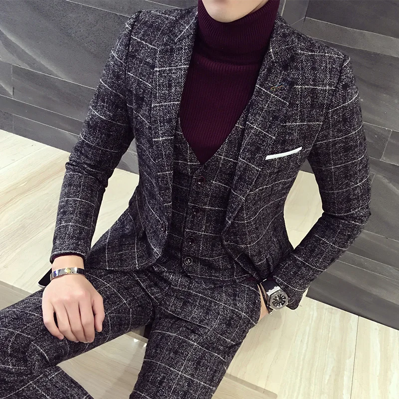 (Jackets+Vest+Pants) 2022 Men plaid business Blazers/Male slim fit pure cotton three-piece suit/Man plaid groom dress M-5XL