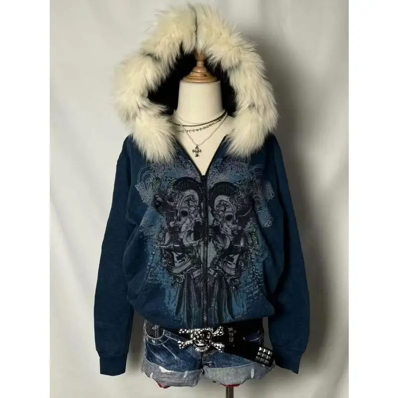 

American Retro Y2k Harajuku Hottie Hoodie Women Loose Skulls Sweatshirt Street Subculture Zipper Coats Vintage Casual Chic Tops