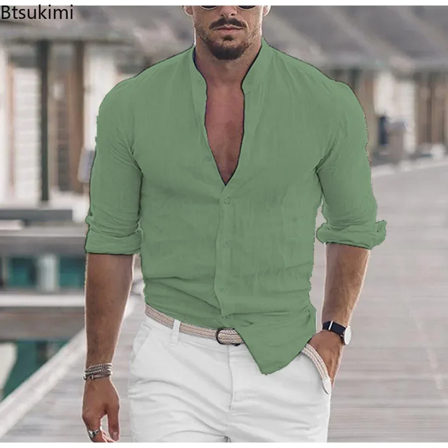 2025 Men's Casual Cardigan Cotton Linen Shirt Mock Neck Solid Long Sleeve Loose Top Spring Autumn Handsome Fashion Shirt Tees