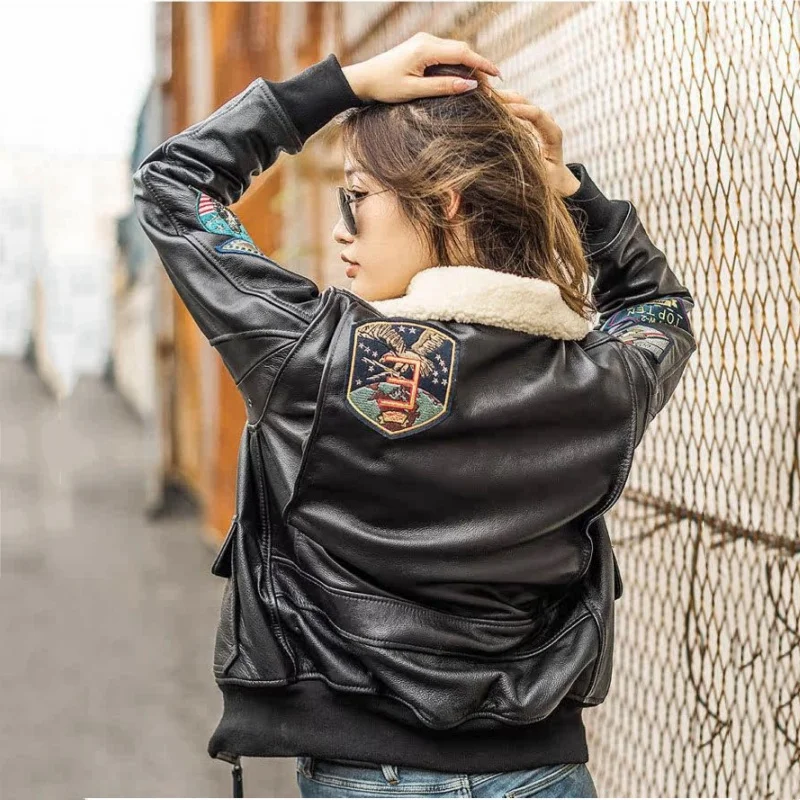 Women Winter Leather Jacket Military Style Genuine Natural Thick Cowhide Wool Turn-Down Collar Dark Brown G1 Flight Coat