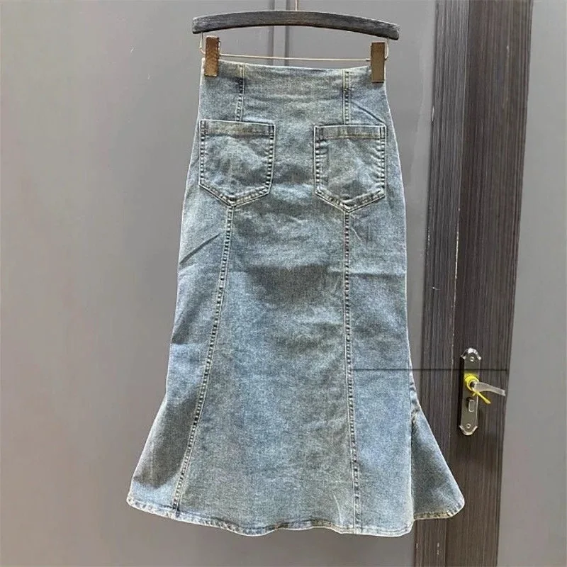 Girls' Denim Skirt 2026 Spring Autumn New Elastic Fish-Tail Skirt Elastic Waistline Puff Sleeve Ruffle Skirt