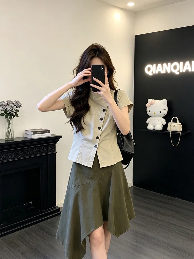 Unique Design Asymmetric High Waist Shirt And Skirt Set Women's Summer 2026 New Style Button up Stand Collar Half Body Skirt