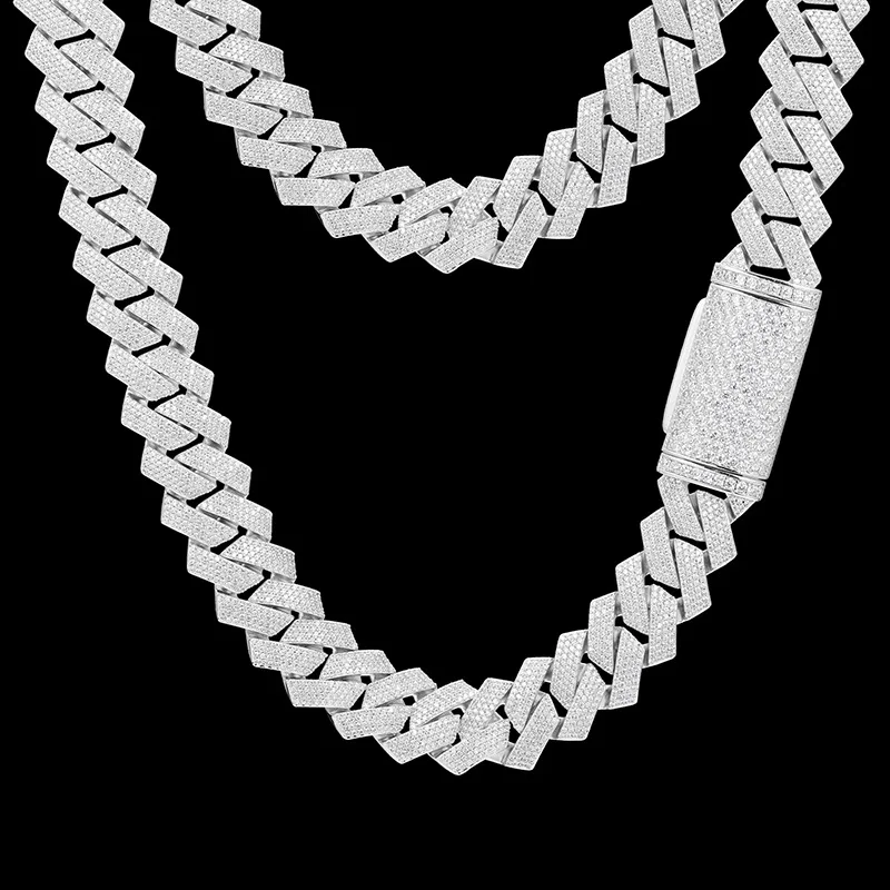 Dominant 3D four-row rhombus design, mens 20mm Necklace in PT950 Platinum embedded with textured artificial diamonds