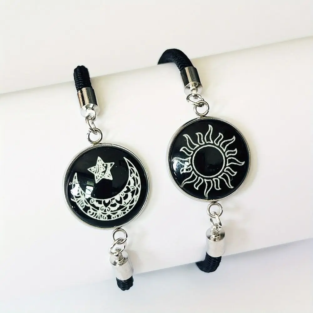 1 pair Retro Sun Moon Pattern Couple Bracelet Luminous Punk Braided Bracelet Adjustable Rope Bracelet Couple Wear