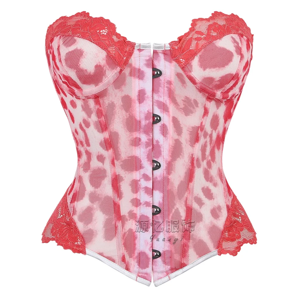 Corset Waist Cinch - เสื้อคอร์เซ็ทลูกไม้ลายเสือดาวสีชมพูแบบปิดด้านหน้า สำหรับสาวเซ็กซี่ เสื้อกระชับสัดส่วนช่วยเก็บเอว CHKS