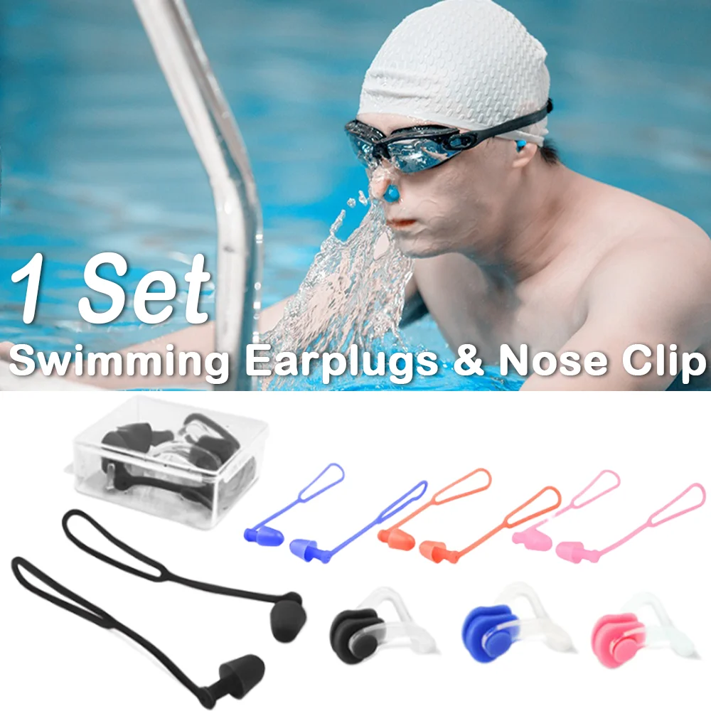 Swimming Earplugs and Nose Clip Set with String Waterproof Earplugs Noise Reduction Diving Swimming Accessories for Adults