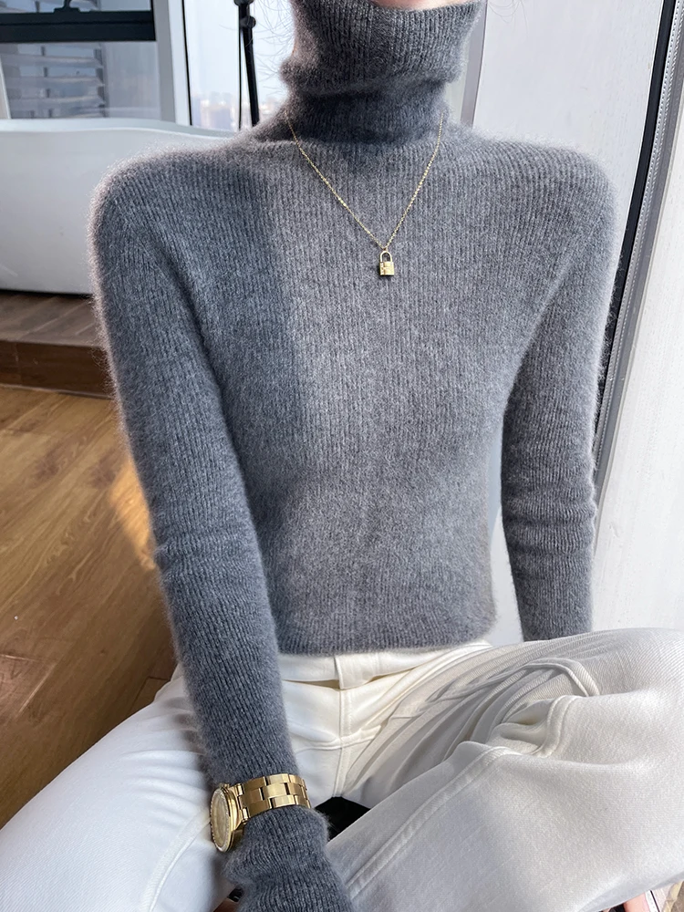 Suéter de cachemira para mujer, jersey ajustado con cuello de pila, Otoño Invierno, 100% de lana merina, capa Base, prendas de punto, Tops suaves populares coreanos