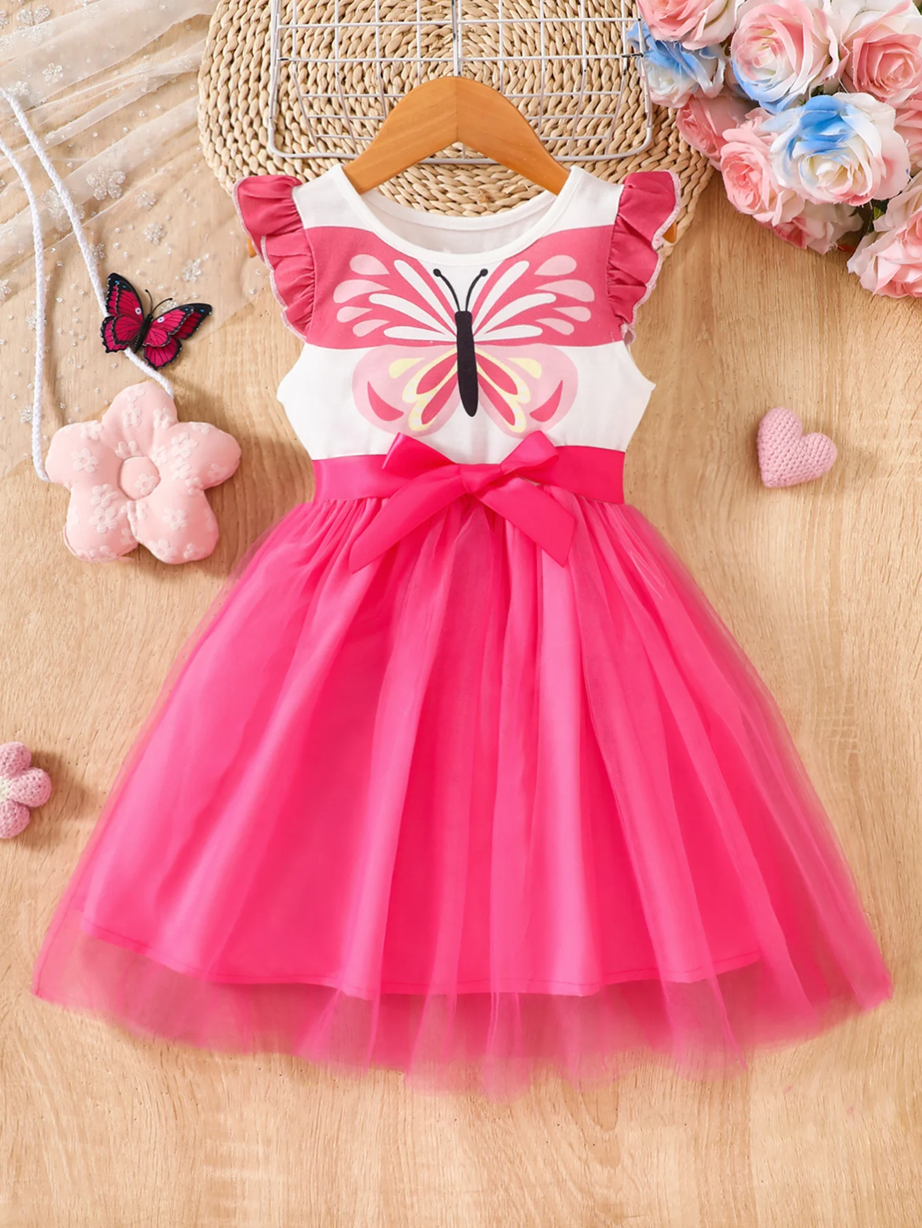 Lässiges Strickkleid für Mädchen, Rundhalsausschnitt, ärmellos, Flatterärmel, Rüschen, Blumenmuster, Schmetterling, Positionierung, Digitaldruck, Netzkleid, Strand, Urlaub, Party, Geschenk mit