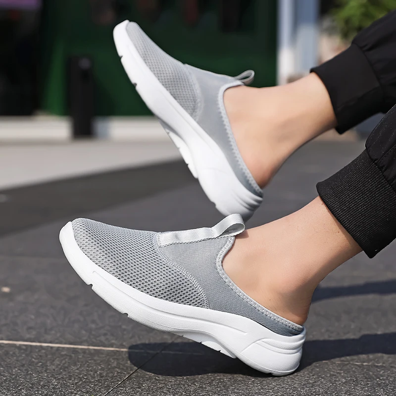 Men Casual Shoes Mesh Slip-On Solid Color Loafers Flat Slippers Summer Couple Shoes Half Slippers Plus Size Sandalias Zapatos