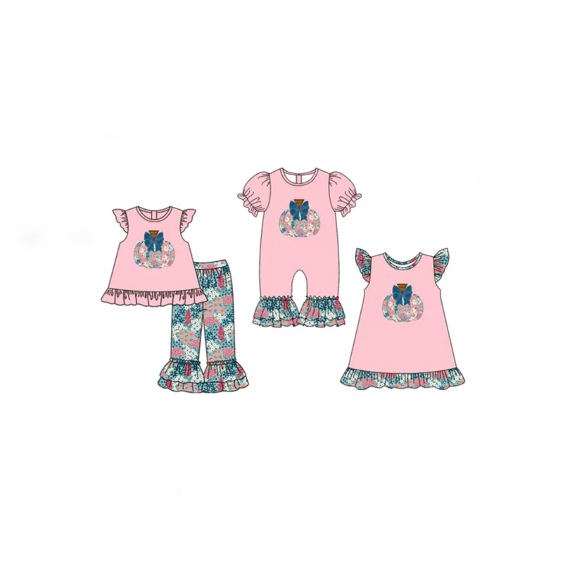 

Оптовая продажа, одежда для маленьких девочек на День Благодарения, бант, тыква, позиционирование, цветок, маленький топ с летающими рукавами, брюки, костюм с маленькими летящими рукавами