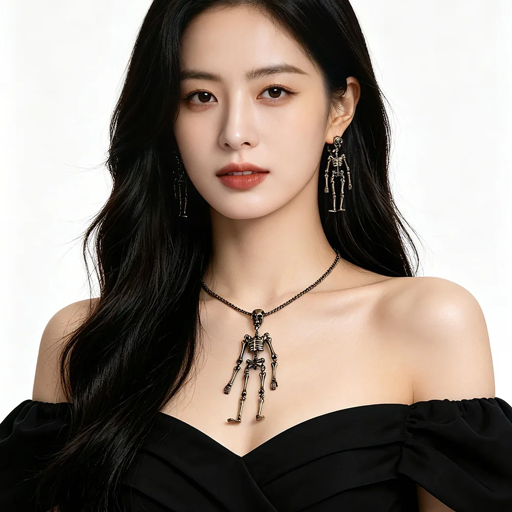 Cross-border exaggerated retro skeleton man skeleton necklace long earrings super long funny punk style collarbone chain earring