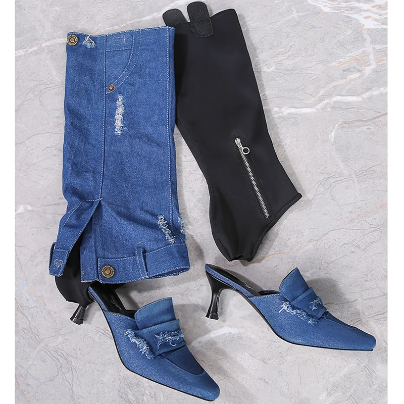 New Design Two Wear Denim Knee Boots Zapatos Mujer Woman Detachable jeans Knee Boots Kitten Heel Knight Slipper Boots