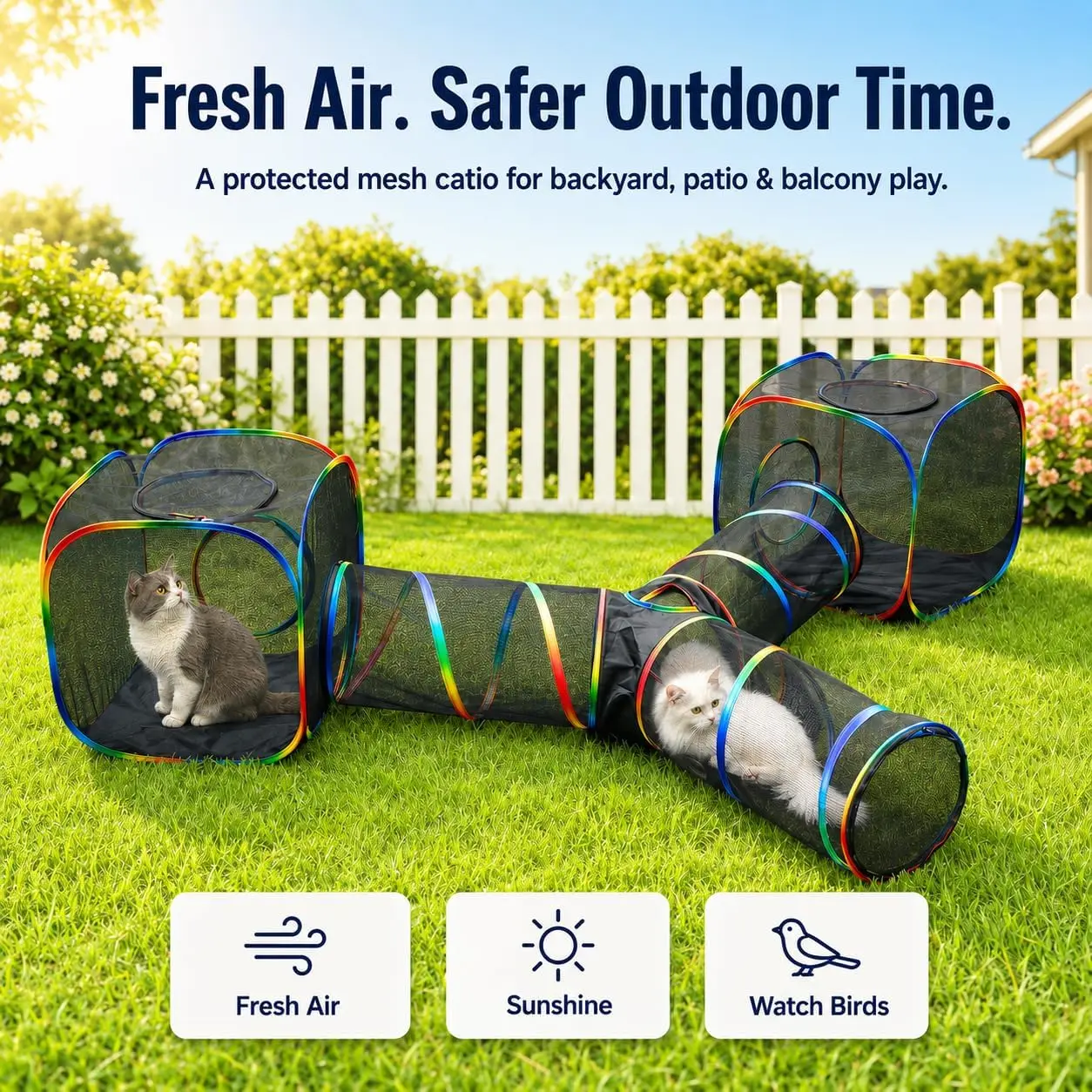 Rainbow Outdoor Cat Enclosures, 3-Way Layout Including 2 Cube Tunnel