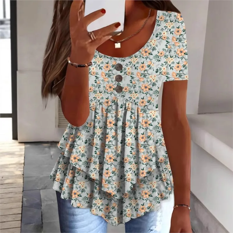 Fashion Flower Irregular Womens Top Casual O Neck Button Short Sleeve Print Ruffles Blouse Lady Elegant Summer Blouse And Tops